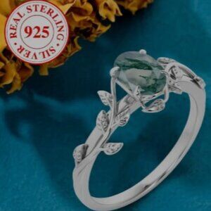 Moss Agate Ring - 925 Sterling Silver Inlaid Green Color Gemstone Women Size 10